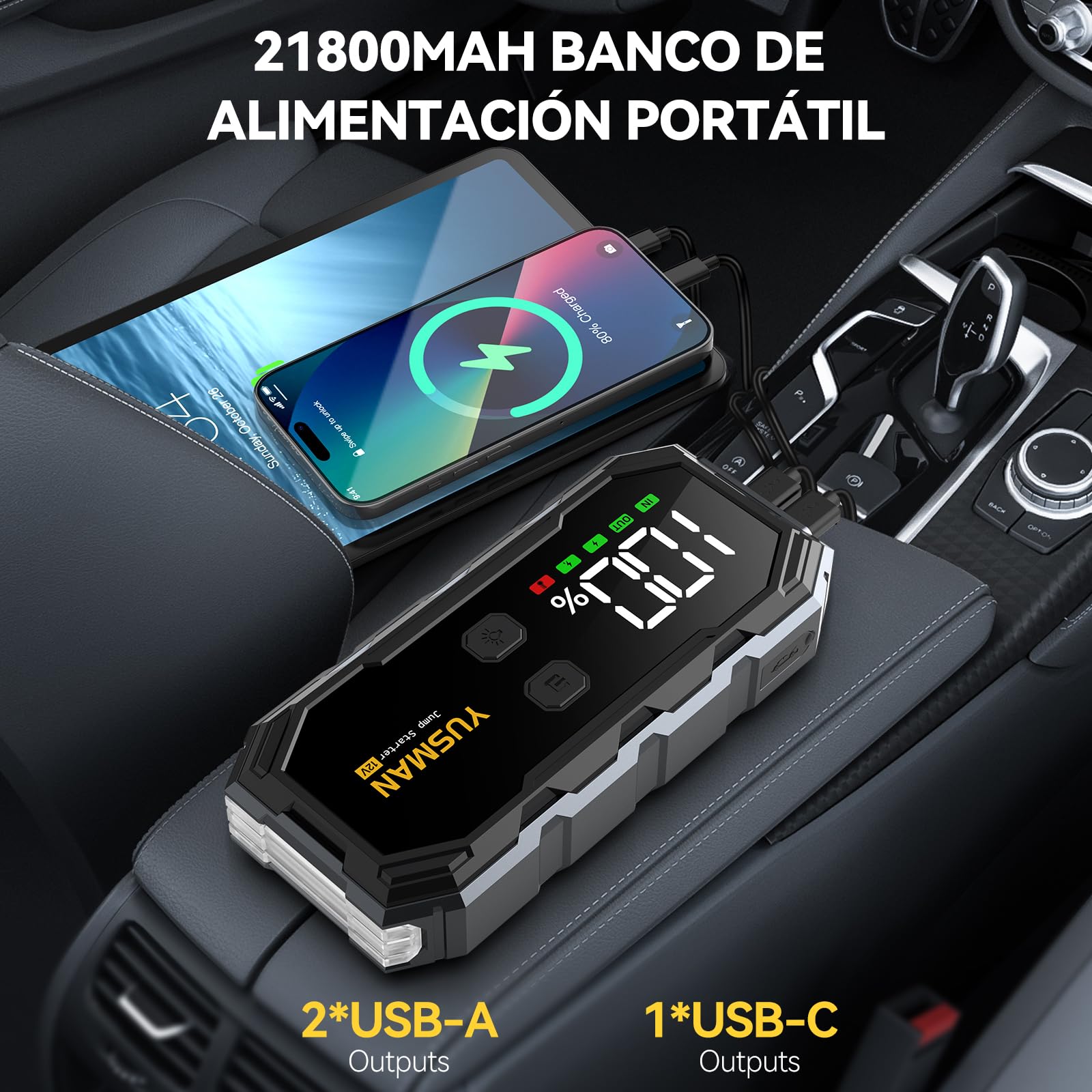 YUSMAN Arrancador de Coche, 9000A Arrancador de Baterias de Coche,12V Arrancador de Portátil con para All Gasolina o 10L Diesel, Linterna LED de Emergencia,Carga Rápida, Pantalla LCD Extragrande