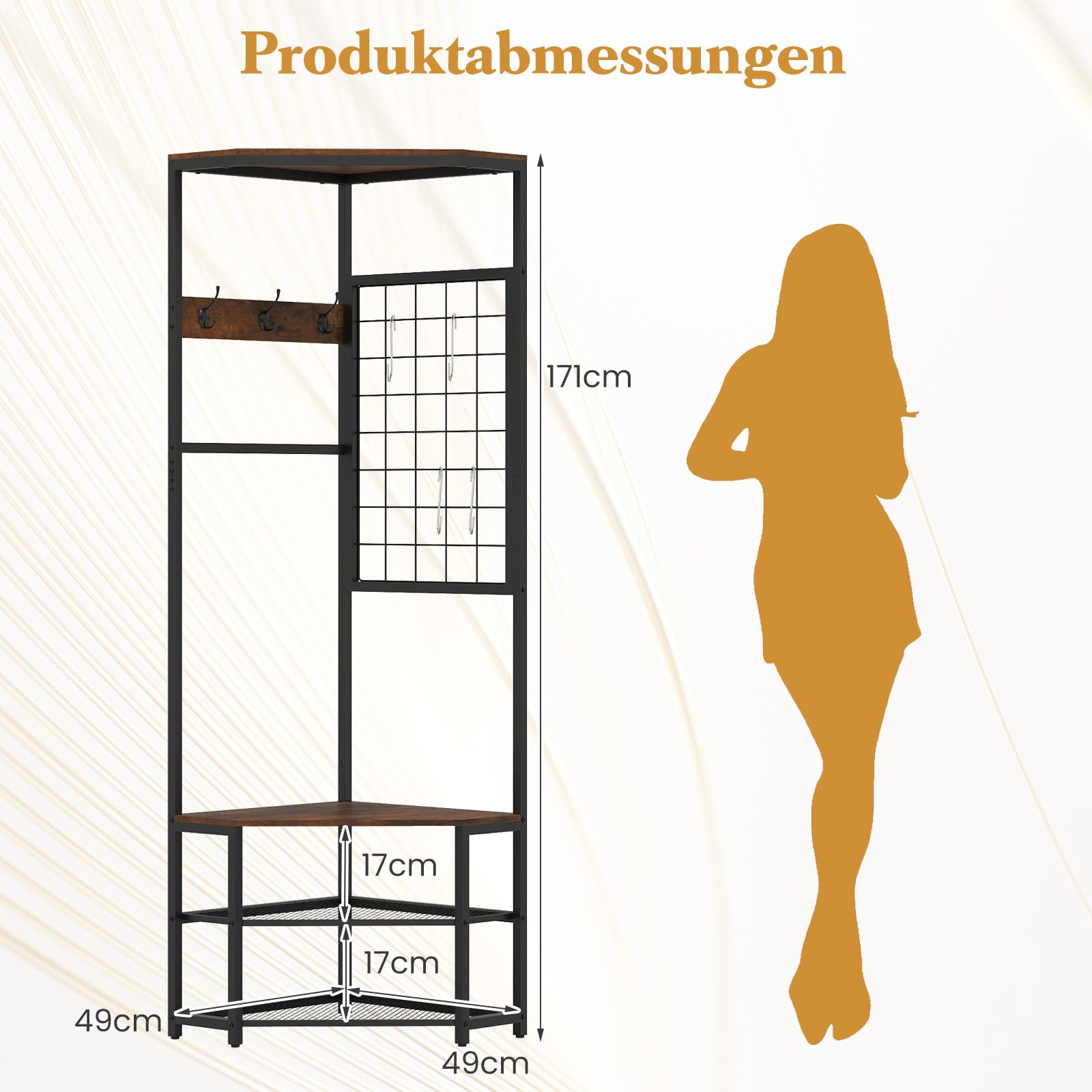COSTWAY 3 in 1 Eckgarderobe Metall, platzsparende Garderobenständer mit 4 Haken, 2 Schuhregalen & Anti-Kipp-Set, freistehende Kleiderständer für Flur & Schlafzimmer, 49 x 49 x 171 cm