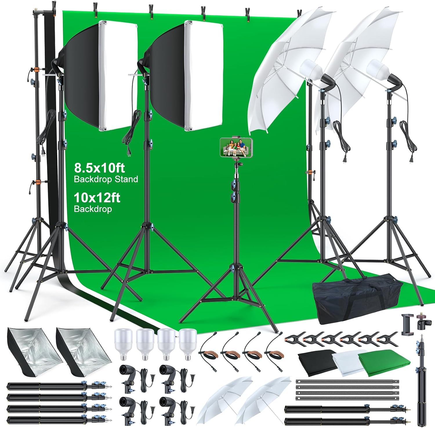 LINCO Lincostore Photo Video Studio Light Kit AM169 PRO - Including 3 Color Backdrops (Black/White/Green) Background Screen (8.5x10ft Background Frame with 10x12ft Backdrop)