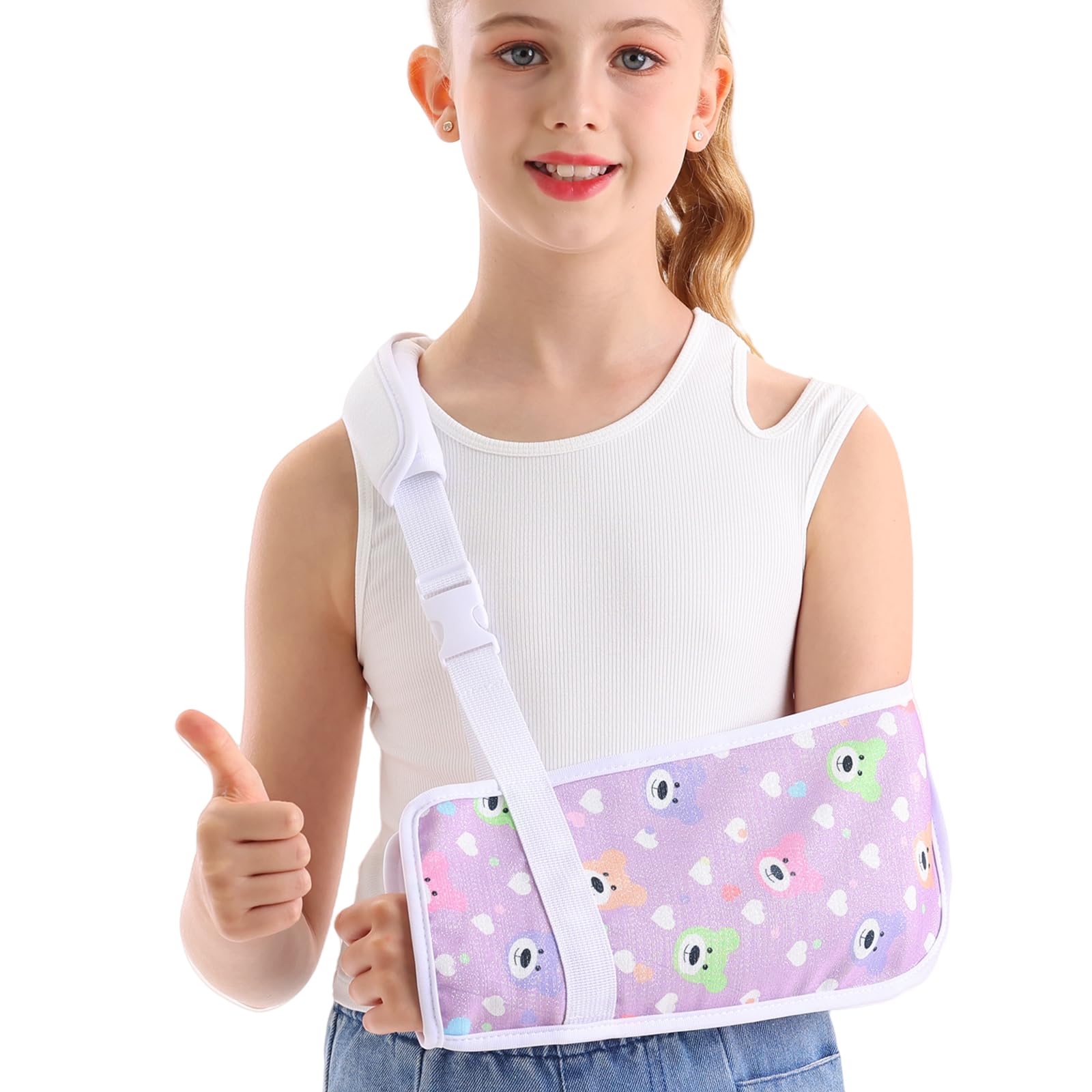 Kids Arm Sling for Broken Arm Torn Rotator Cuff Shoulder Elbow Wrist injury Printed Pediatric Child Toddler Brace Support for Children Girls with Bear (Purple, Small)
