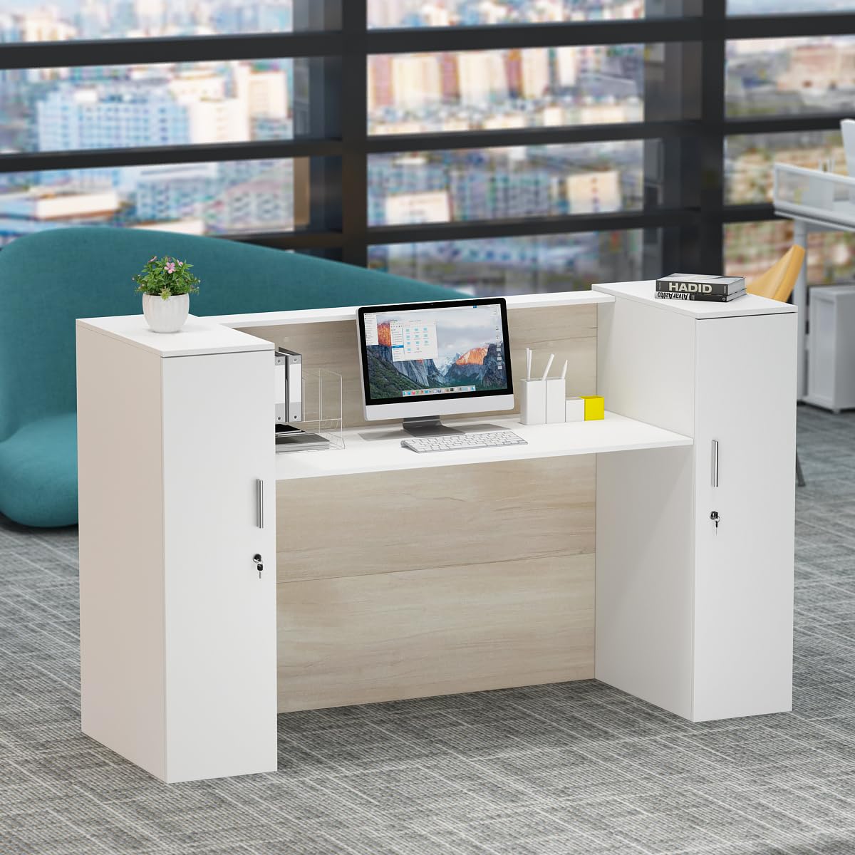 Banco di reception, grandi banchi con ripiani regolabili, bancone della reception, mobili da ufficio, colore legno e bianco, 180 x 60 x 110 cm, MDF, moderno ed elegante