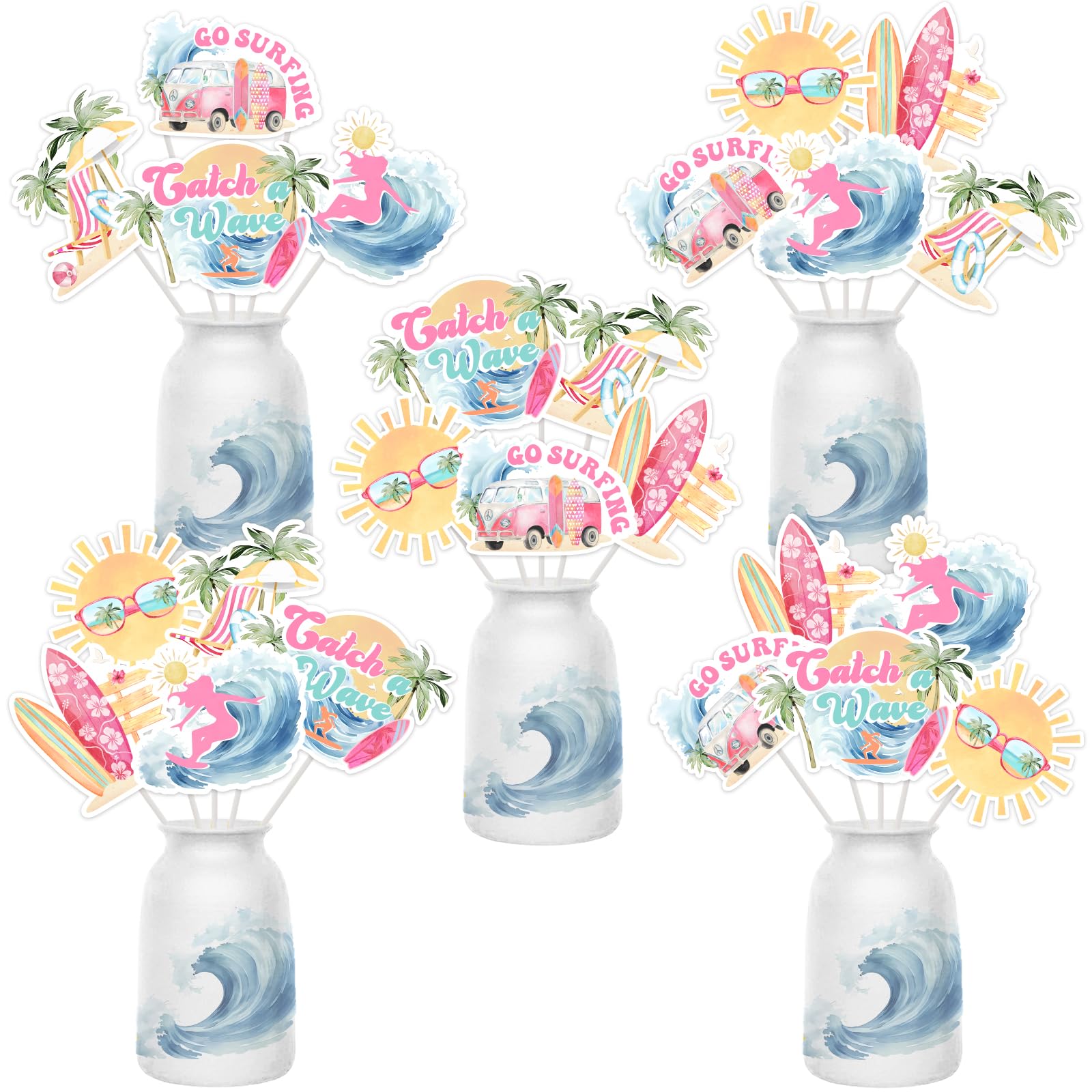JOYMEMO 24 piezas Surf Centerpiece Sticks para niñas - Surf Cumpleaños Fiesta Decoraciones Surf, Playa Tabla de Surf Temática Baby Ducha Cumpleaños Fiesta Suministros