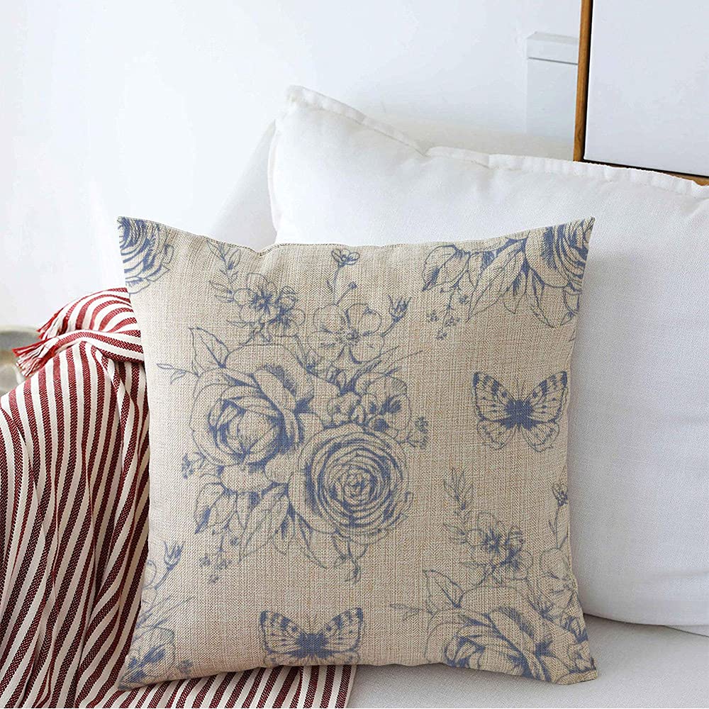 Decorative Throw Pillow Cover Square Pillowcase Romantic Drawing Classic Pattern Floral Vintage Motivies Butterflies French Porcelain Engraving Cushion Case for Sofa Bedroom Car 18x18 Inch