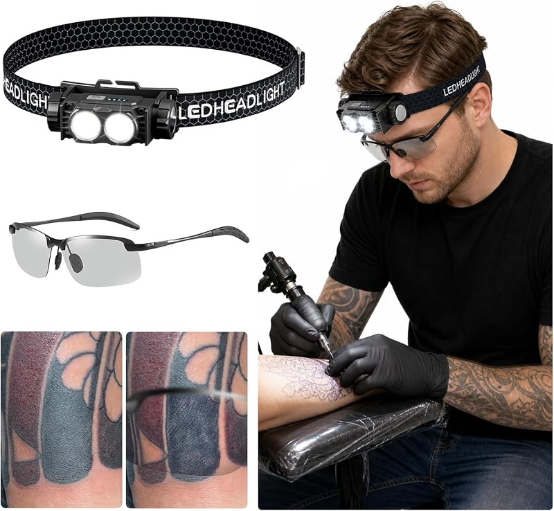 Lanterna de cabeça Tumalab GBK para trabalho com tatuagem, com óculos polarizados