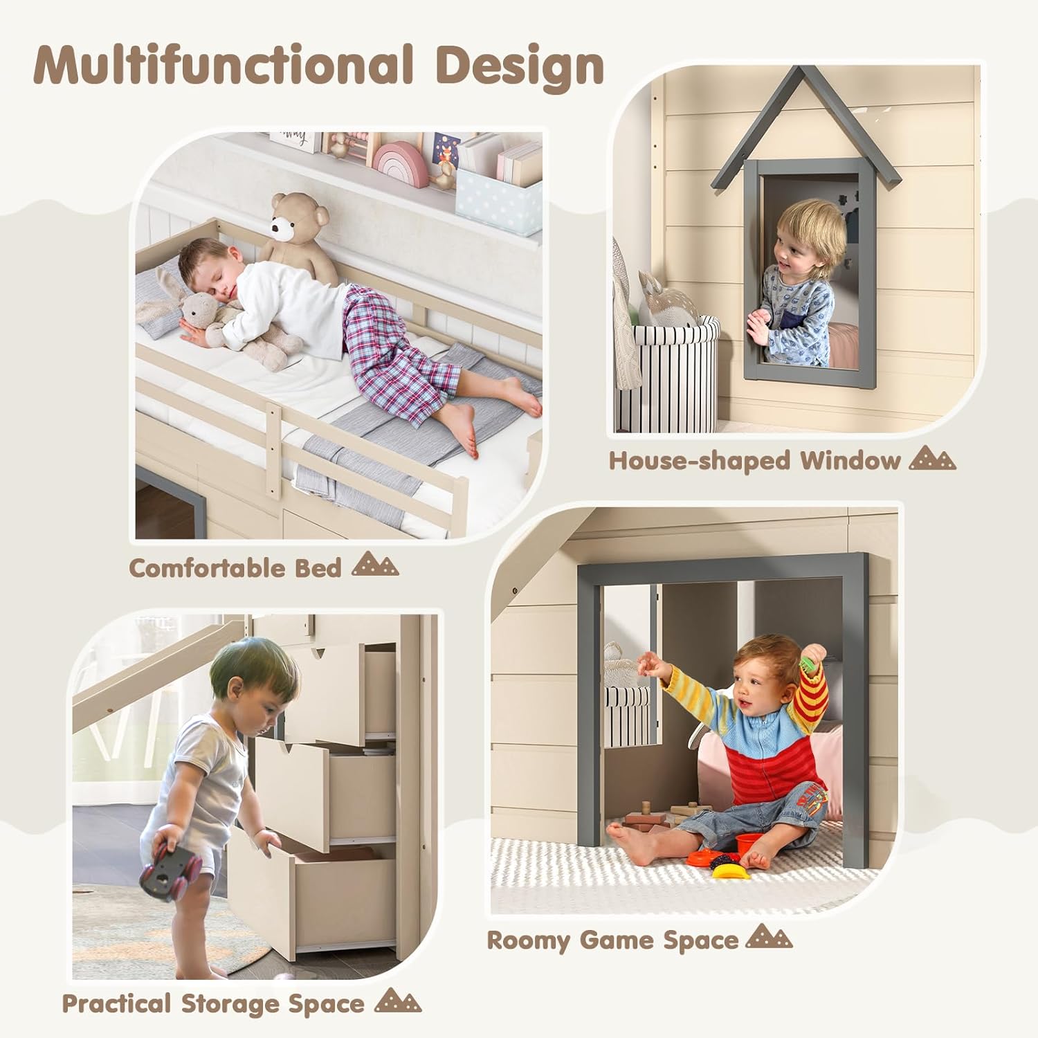 KOMFOTT Twin Low Loft Bed with 3 Storage Drawers & Underneath House, Wood Loft Bed with Slide, Ladder, Guardrails & Under-Bed Play Space, Kids Twin Loft Bed for Girls & Boys, No Box Spring Needed