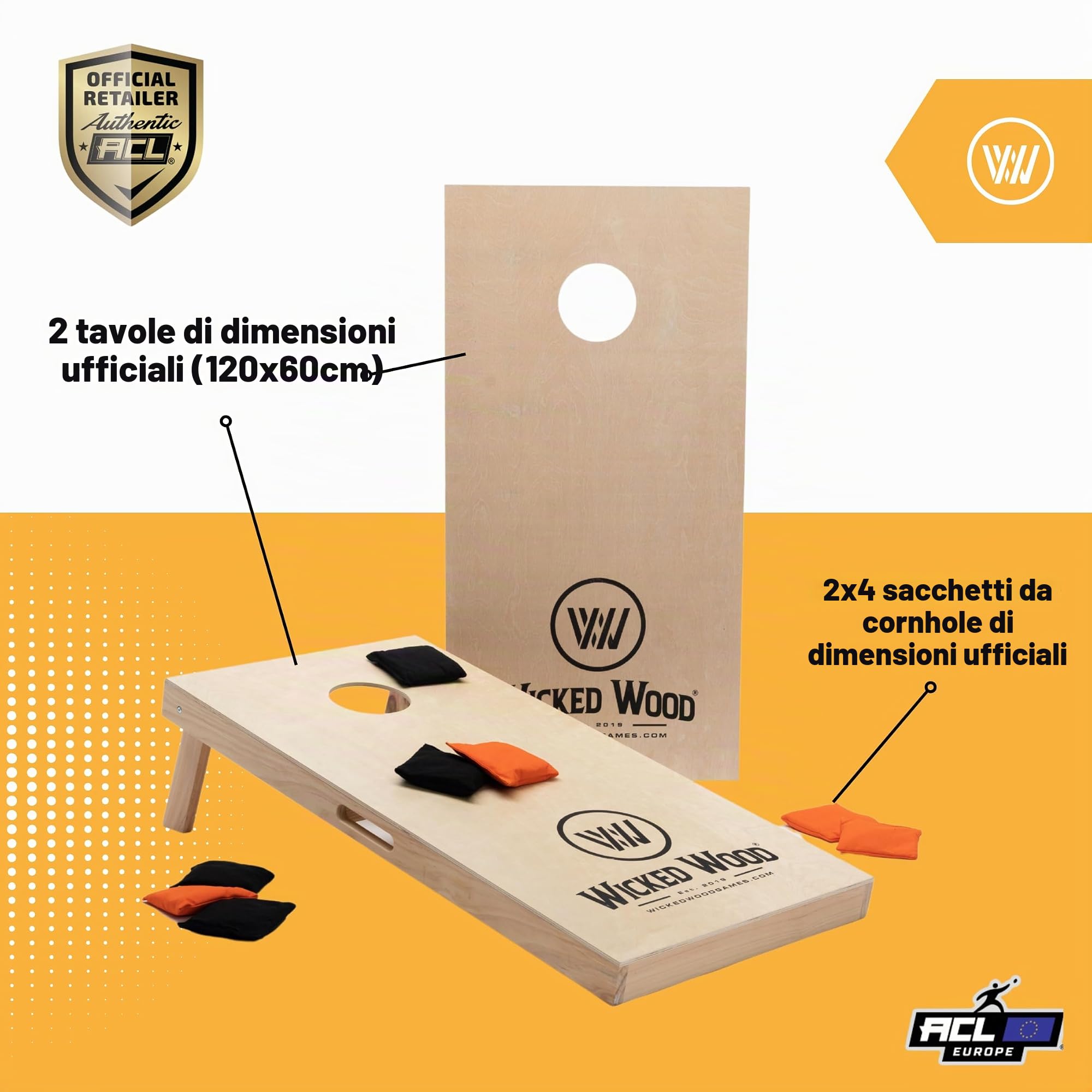 Wicked Wood Games Set ufficiale Cornhole 120 x 60 cm (4'x2') – Dimensioni concorrenza – Prodotto con licenza ACL – Include 2 tavole + 2 x 4 sacchetti (arancione e nero) – Stampa UV – Legno massello