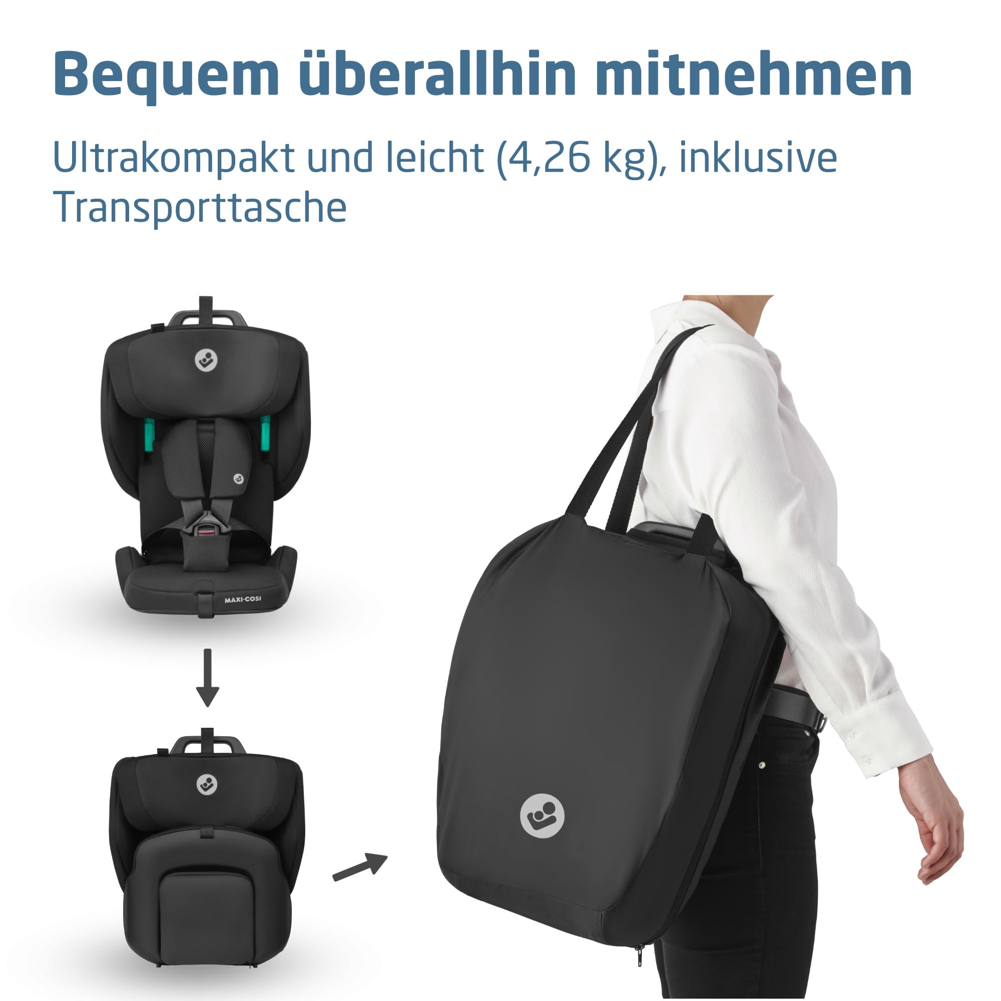Maxi-Cosi Nomad Plus2, Klappbarer Kindersitz, 76-105 cm, Authentic Black | 15 Monate - 4 Jahre, Tragbarer Reiseautositz, Superkompakt & Leicht, Seitenaufprallschutz, Reisetasche Inklusive