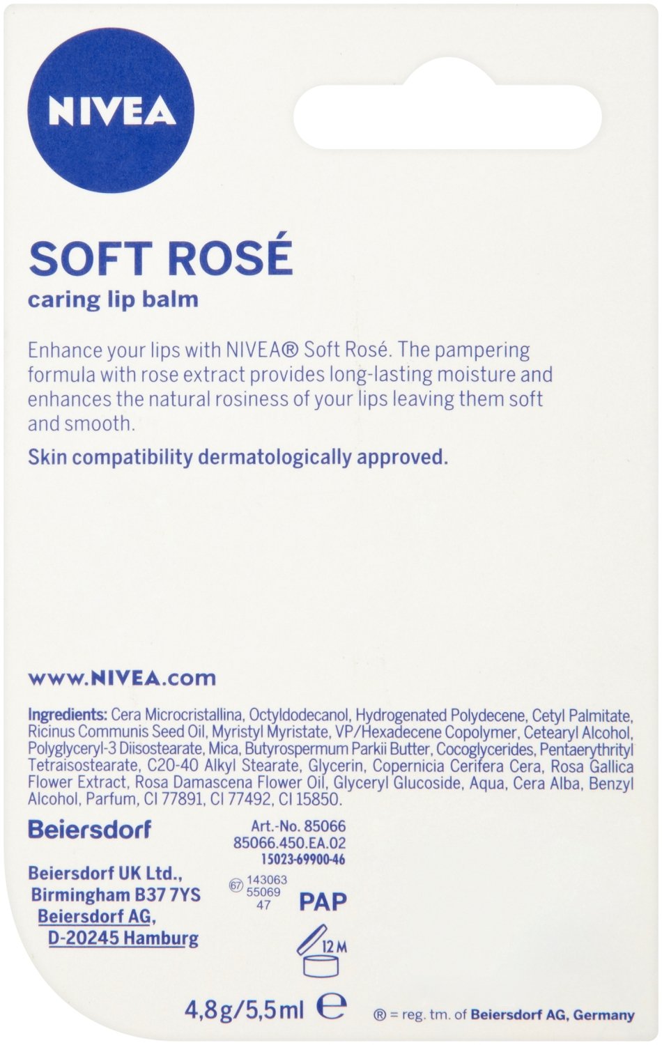 Cacao Nivea para el cuidado labial, de 4,8 g, color rosa claro. Pack de 12 unidades.