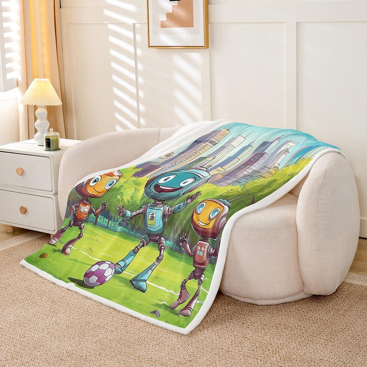 Funny Robot Throw Blanket Lightweight Colorful Intelligent Machine Super Soft Wrinkle Sherpa Blanket Modern Sci-Fi Robot Bed Blanket Football Sports Blanket Bedroom Decor 30x40 image 3