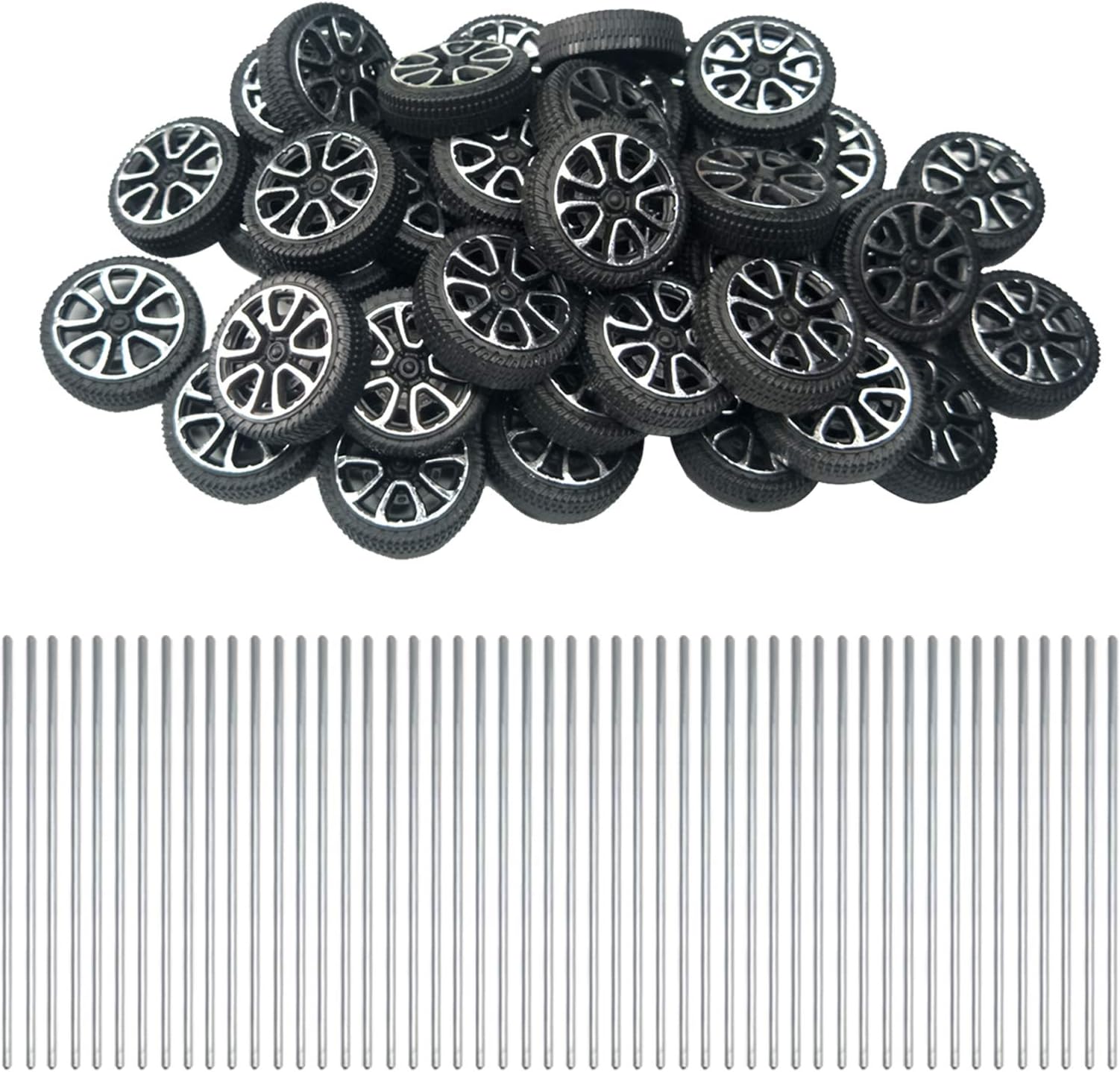 EUDAX 30mmx9mm Plastic Roll 2mm Dia Shaft Toys Wheel and 2mmx100mm STEM Shaft Round Rod Axles for DIY Toy RC Car Truck Boat Helicopter Model Part (100 Pcs)