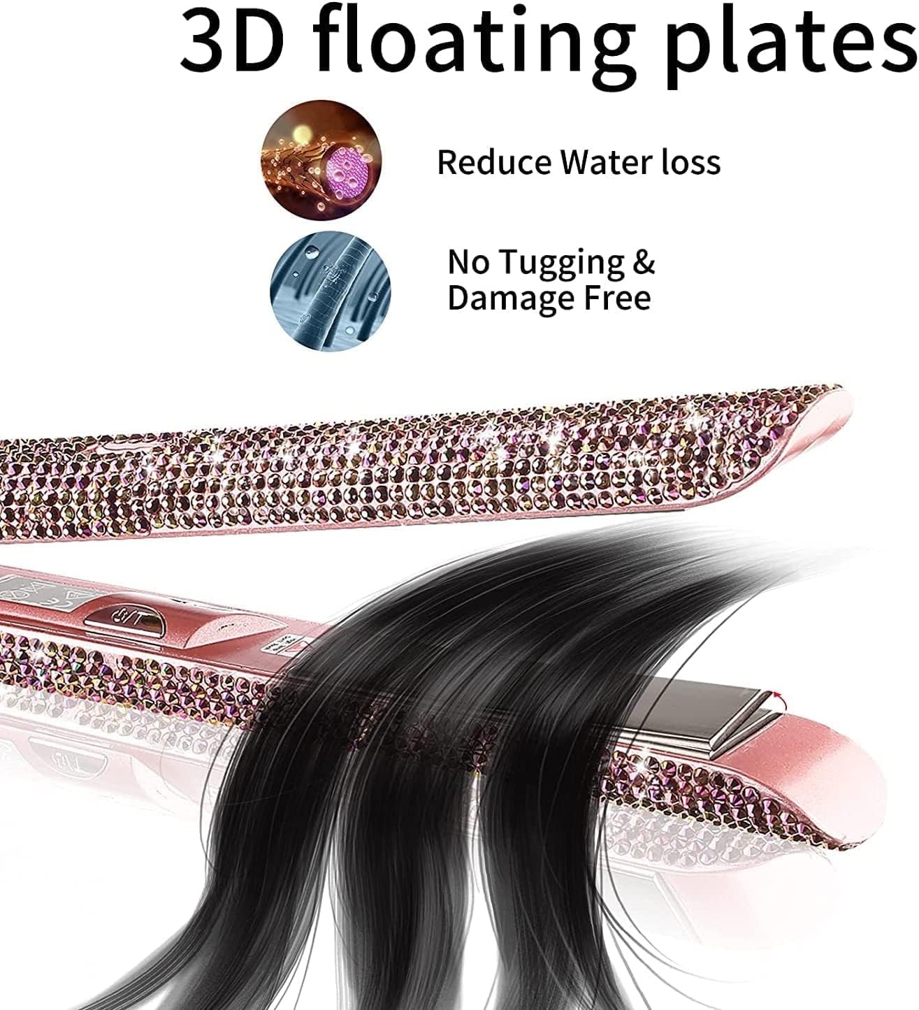 Hair Straightener Titanium Flat Iron with Gorgeous Rhinestone Bling Crystal Diamond, 2 in 1 Hair Straightener and Curler, 60 Min Auto Shut Off, LCD Temp Display, Range from 120°F to 470°F(Rose Pink)