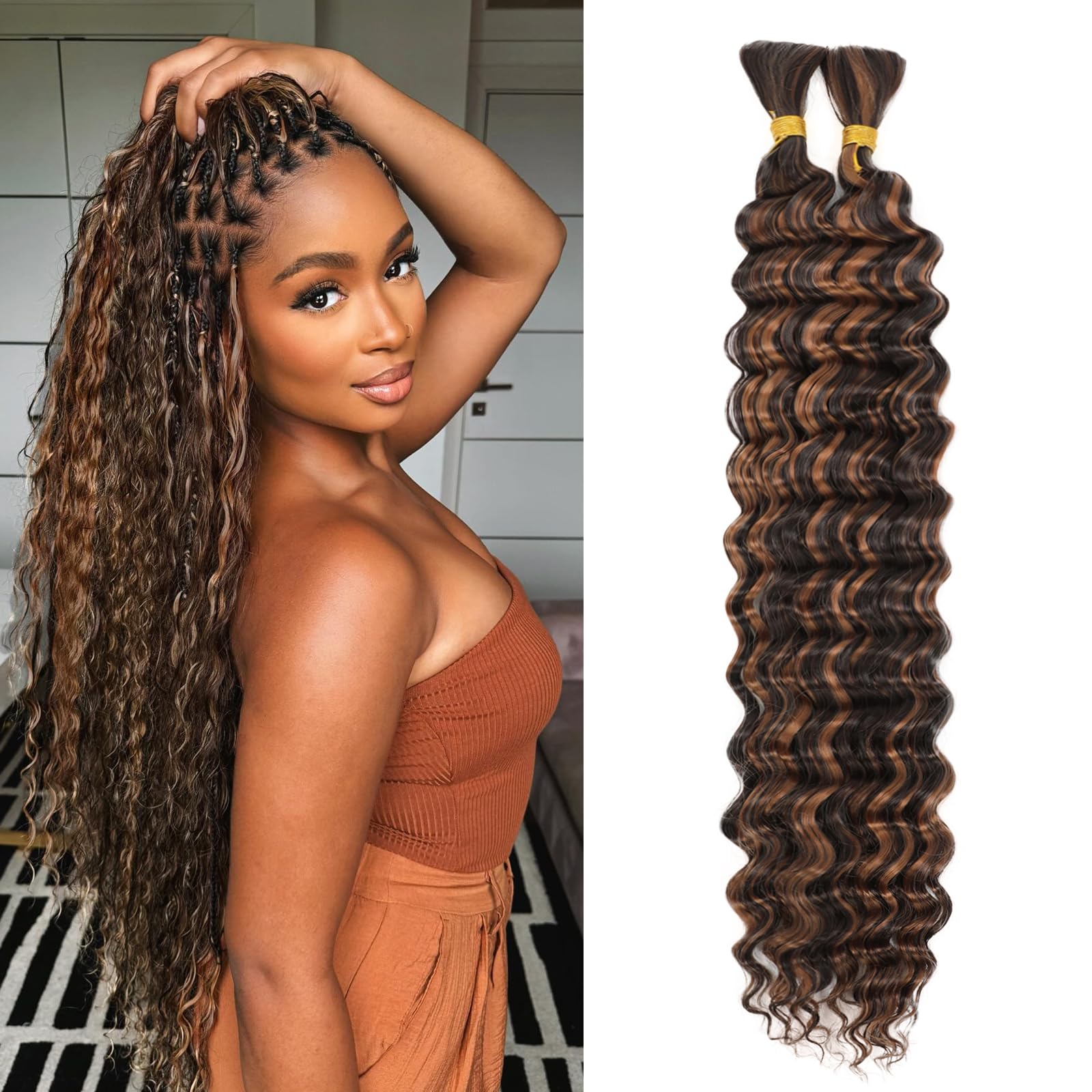 LPARMJIT Deep Wave Bulk hair for Braiding 18 inch 2 Bundles/Pack No Weft for Braiding Wavy Synthetic Braiding Hair Extensions for Boho Braids (P4/30