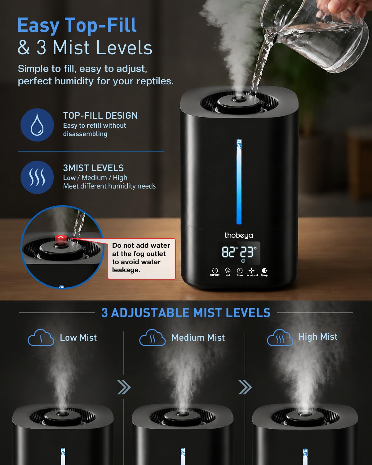 Nebulizador para reptiles de 1.32 galones, humidificador para plantas con sonda precisa de temperatura y humedad/manguera expandible, humidificador inteligente remoto para anfibios para tienda de