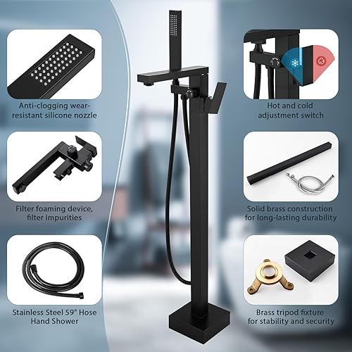 Miniatura 5 de GCCSJ Grifo de bañera independiente negro mate Llenador de bañera Grifo de bañera de pie Grifo de bañera de una sola manija grifo de latón Grifo de