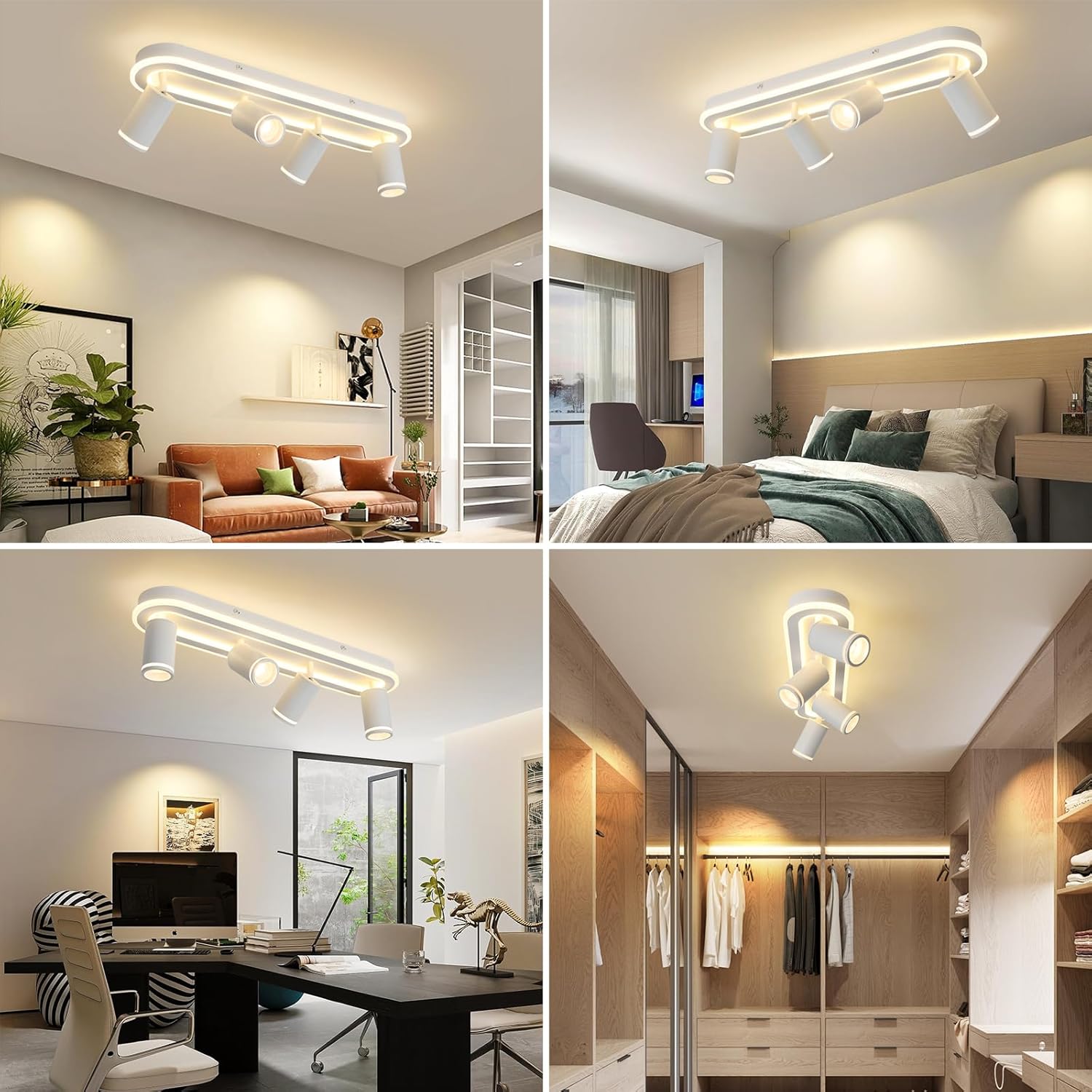 LED 4 Light Track Lighting Spotlight Kit, White Ceiling Spotlights, Modern Track Light Fixture with Flexibly Rotatable Light Heads, 50W+20W Dual Lighting for Kitchen Living Room,Includes 4 x GU10 Bulb