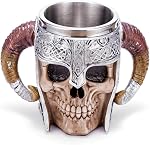 Arola Viking Axe Mug, Stainless Steel Horn Skull Beer Cup, Viking Warrior Mug Tankard, Drinking Cup Coffee Mug Beer Stein, Medieval Skull Drinkware Mug for Coffee/Beverage/Juice 17oz Gift for Men