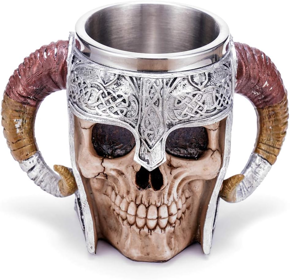 Stainless Steel Double Handle Horn Skull Beer Cup, Viking Warrior Skull Mug Tankard, Medieval Drinkware Mug for Coffee/Beverage/Juice 17oz.