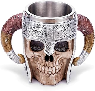 Stainless Steel Double Handle Horn Skull Beer Cup, Viking Warrior Skull Mug Tankard, Medieval Drinkware Mug for Coffee/Beverage/Juice 17oz.