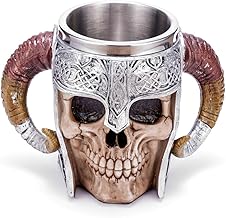 Stainless Steel Double Handle Horn Skull Beer Cup, Viking Warrior Skull Mug Tankard, Medieval Drinkware Mug for Coffee/Beverage/Juice 17oz.