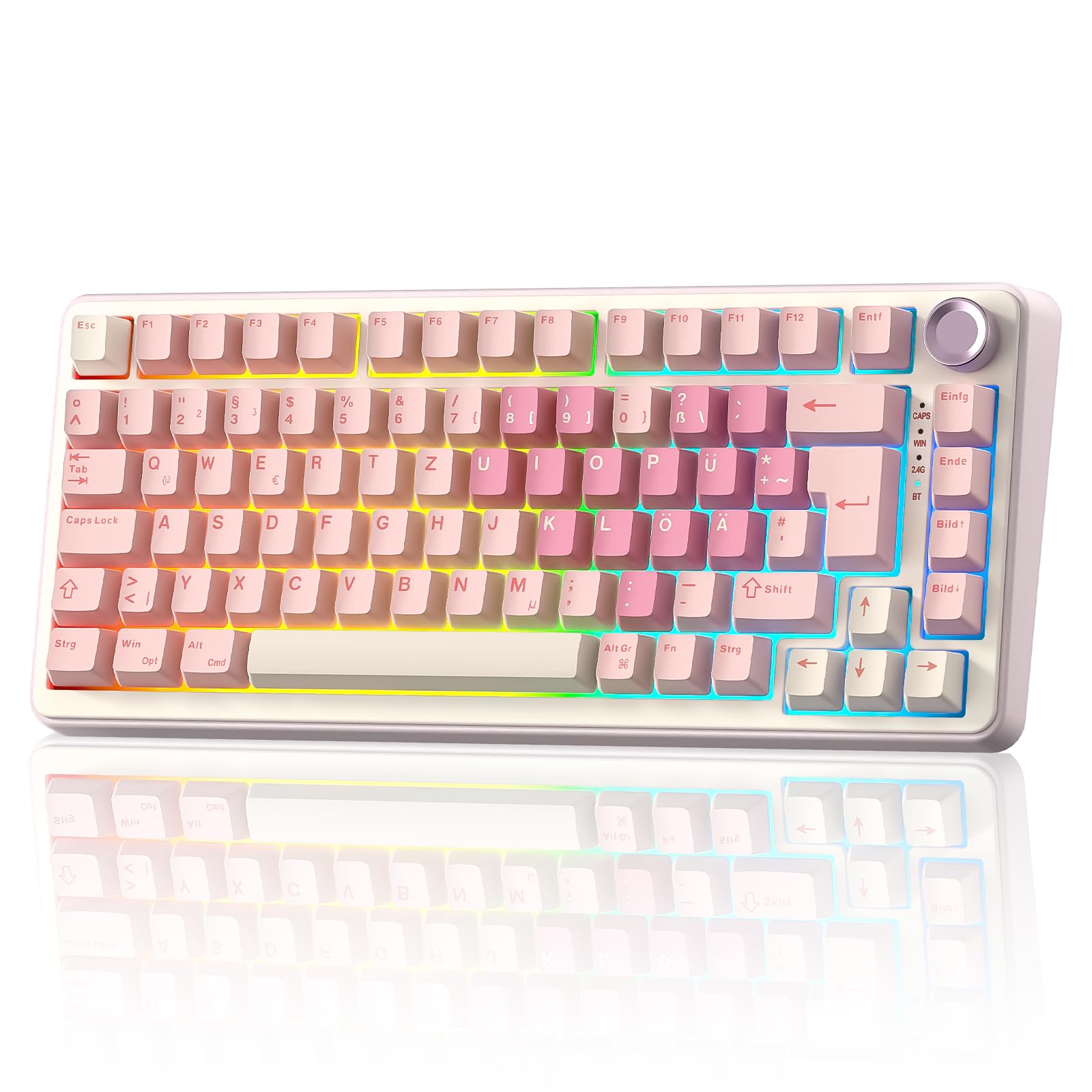YUNZII B75 PRO ISO-DE Teclado mecánico para juegos, 75% disposición QWERTZ (DE) con botón giratorio, BT5.0/2.4GHz/USB-C, interruptor prelubricado, RGB para Win/Mac/PC (rosa, interruptor de leche)