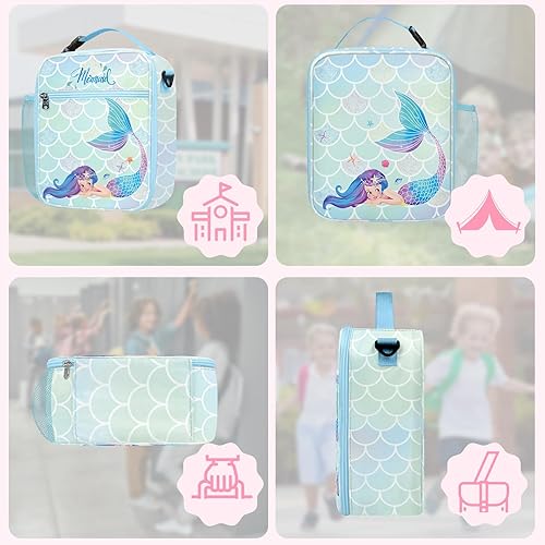 Miniatura 6 de Clastyle Lonchera con aislamiento para niños, bolsa de almuerzo con diseño de princesa sirena azul para niñas, grande y portátil, para picnic al
