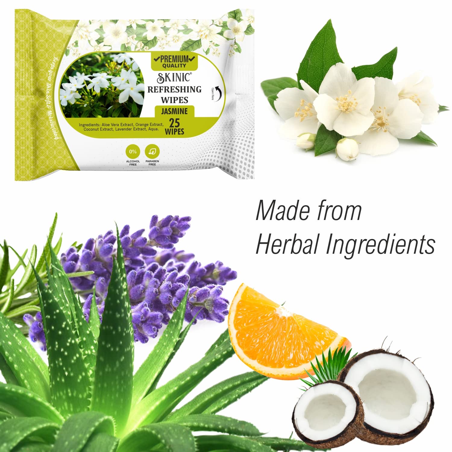 Skinic 100% Herbal Refreshing Wipes with Jasmine Fragrance – Soothing & Gentle Cleansing Wipes for All Skin Types | Alcohol Free | Chemical Free (25 Pulls) PACK OF 2 2