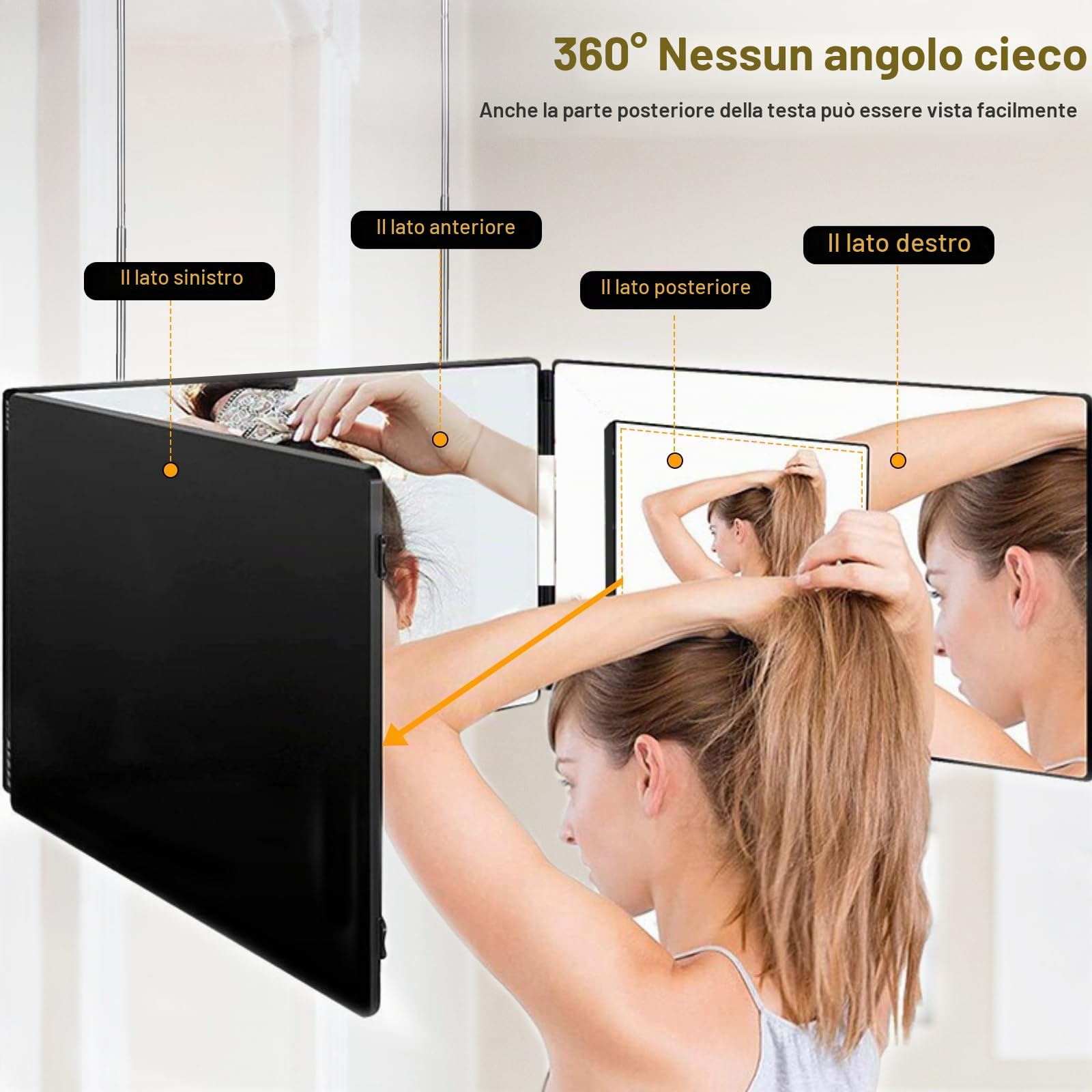 Specchio Da Taglio A 360 Gradi - Altezza Regolabile Con Ganci - Pieghevole A 3 Lati, Da Barbiere e Parrucchiere Per Uomo, Per Tagliare Capelli e Barba