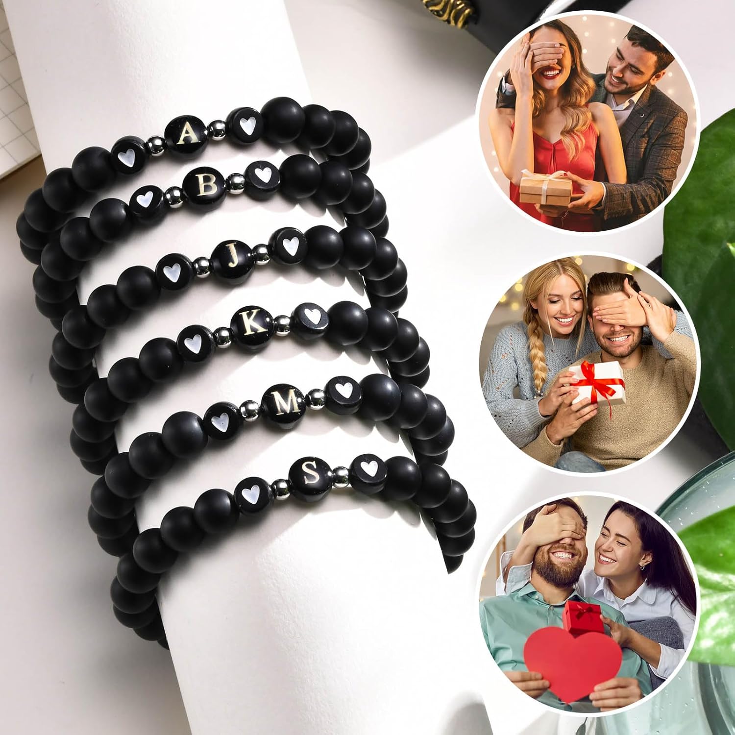 Initial A-Z Letter Bracelet for Men Women, Handmade Braided Rope Adjustable Black Onyx Beads Heart Bracelets Monogram Alhpabets Charm for Couples Friendship Birthday Valentines Day Jewelry Gifts - Image 6