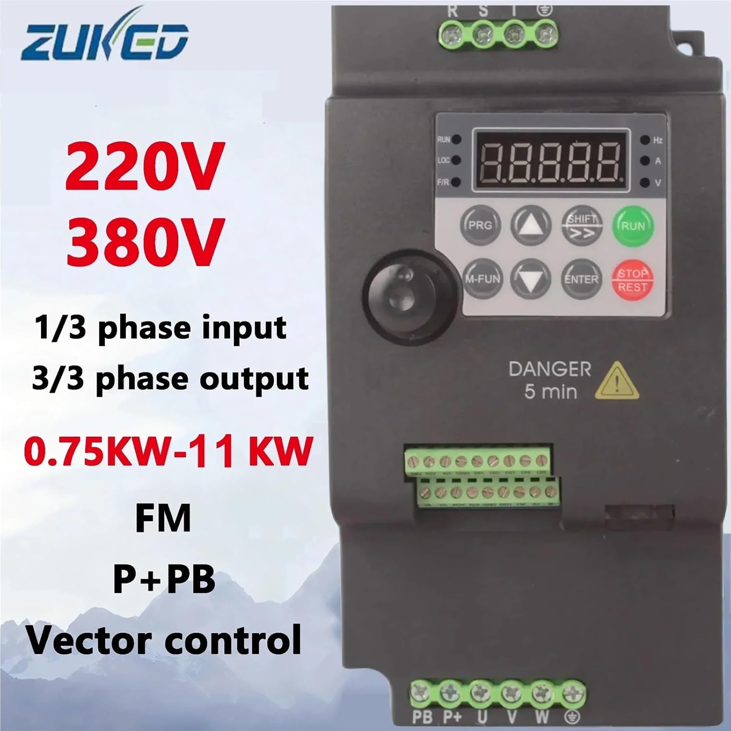 Overview of VFD capabilities including 220V/380V, 1/3 phase input, 3/3 phase output, and power range.