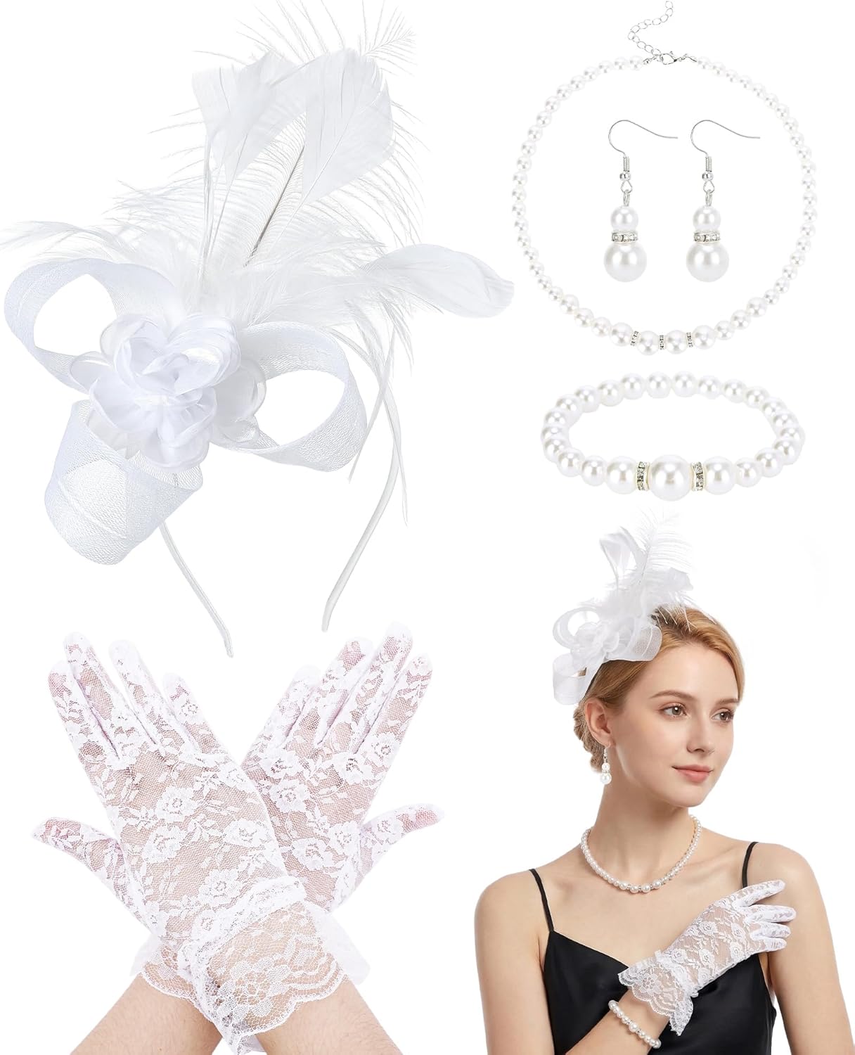 Zinniday Elegant Fascinators Hats Set, 5 Pcs 2026 Feather Tea Party Hats 1920s 50s Derby Fascinators for Women Prom Church