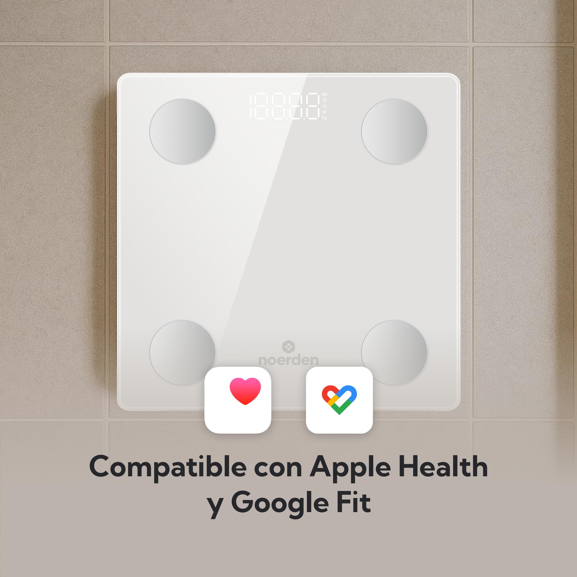 NOERDEN - Báscula Inteligente VITA - Báscula de Peso Corporal - Tecnología Step-On, Bluetooth, Pantalla LED y Vidrio Templado - Analiza 13 Métricas Corporales - Blanco