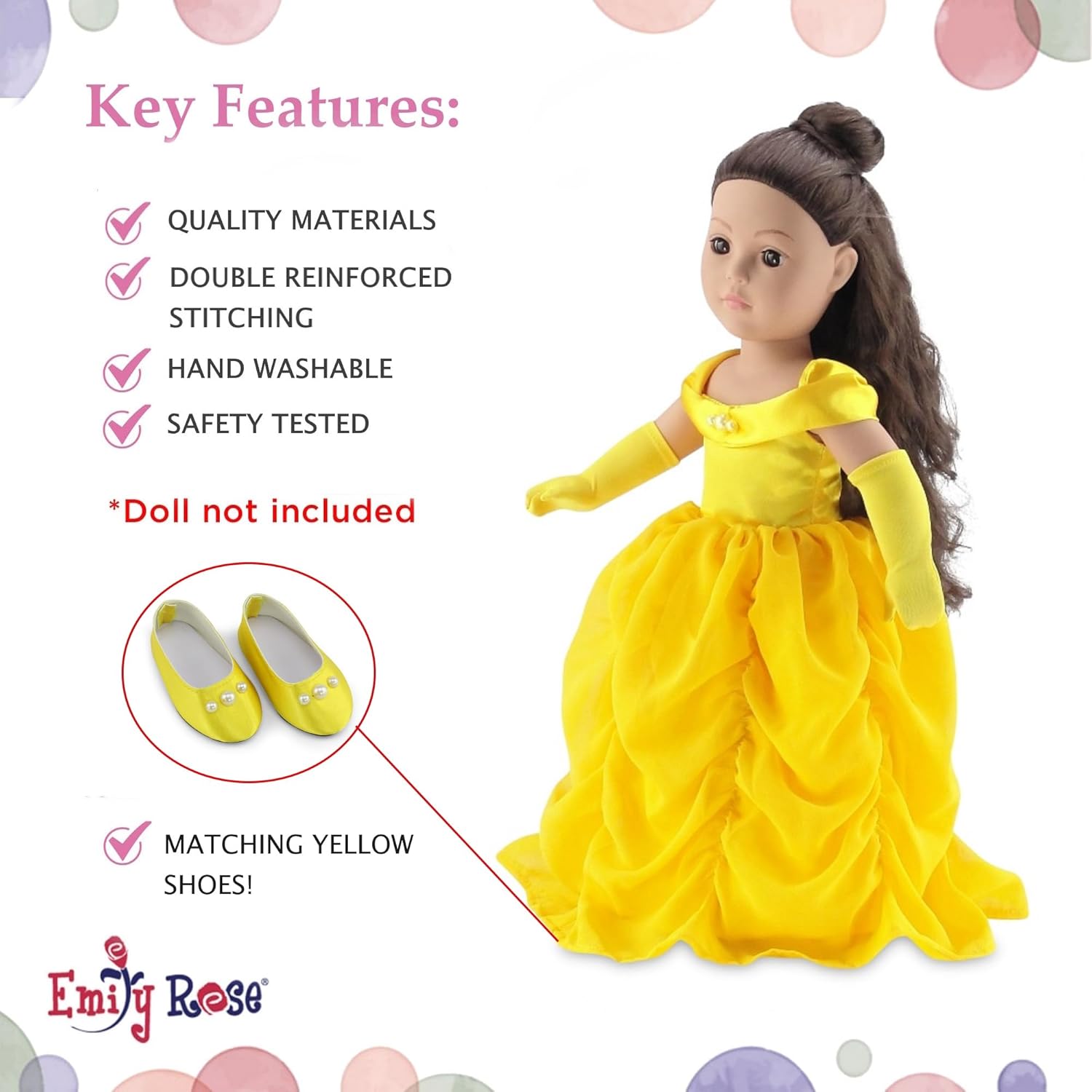 Emily Rose 18 Inch Doll Clothes - 3PC Yellow Princess Ball Gown with Matching Gloves & Shoes | 18" Doll Costume | American Girl & Our Generation Dolls Compatible - USA Brand