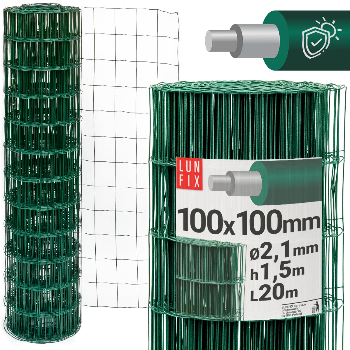 Valla de alambre - acero galvanizado verde revestido de PVC, 10 x 10 cm, Ø 2,1 mm, 1,5 m x 20 m, valla de jardín, valla para perros, valla de caza, valla de gallinas, malla de alambre soldada, Lun Fix