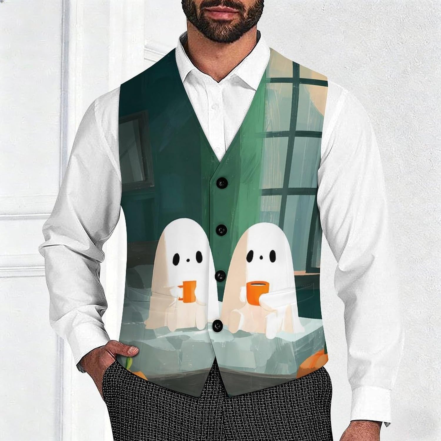 Ghosts Pumpkins Drinking Coffee Mens Suit Vest Formal Dress Business Wedding Groom Tuxedos Waistcoat with Pocket