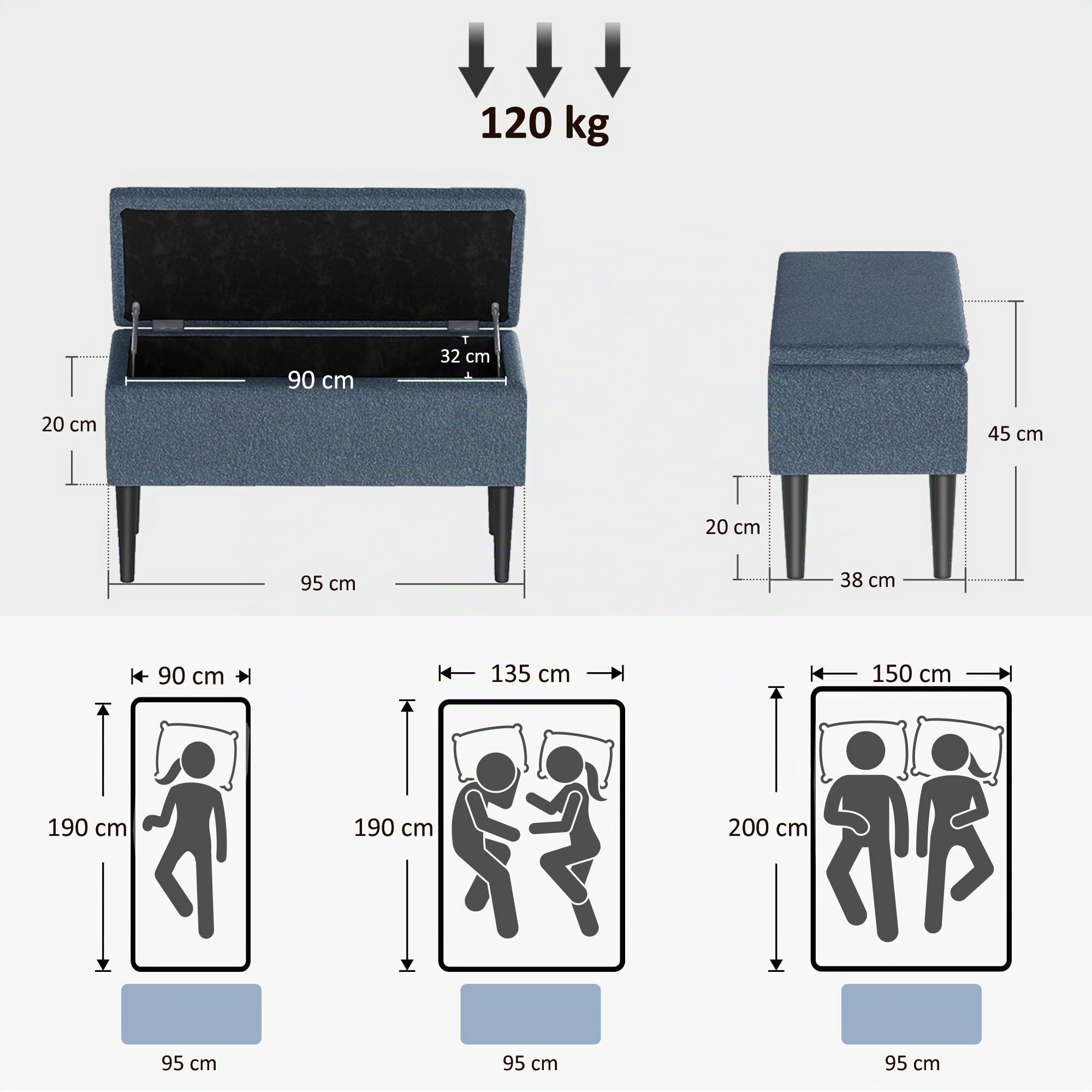 HOMCOM Sitzbank mit Stauraum Polsterbank Klappdeckel 95 x 38 x 45 cm Blau | Samtoptik, Sitztruhe mit Holzbeine, Truhenbank Bettbank, Wohnzimmer, Schlafzimmer, Flur