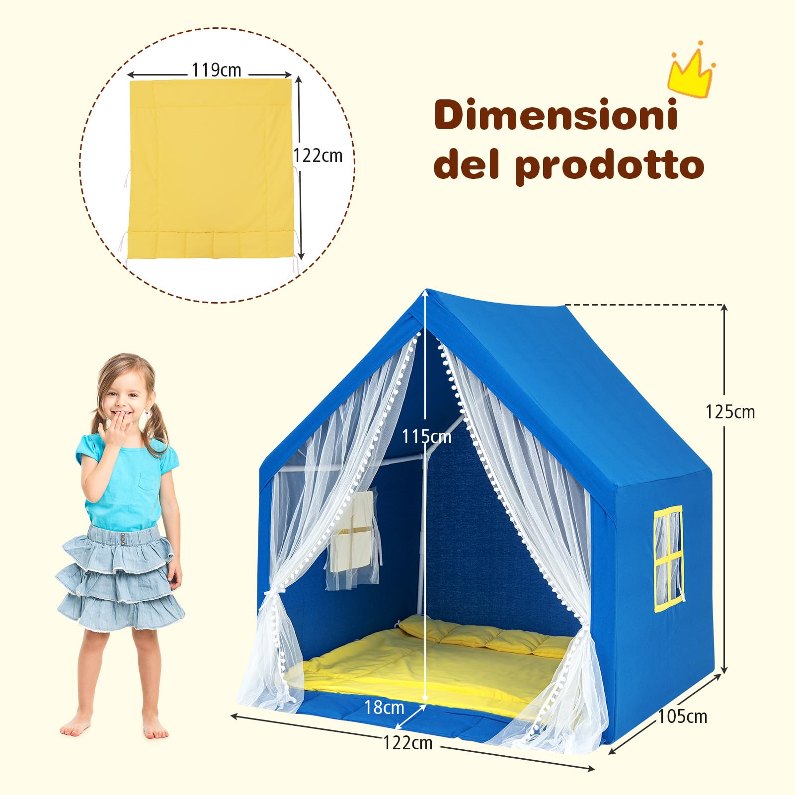 COSTWAY Tenda da Gioco per Bambini, Casetta per Bambini con Tappeto in Cotone Lavabile Luci Stellari e Finestre, Tenda del Castello, 122x105x125 cm (Blu)