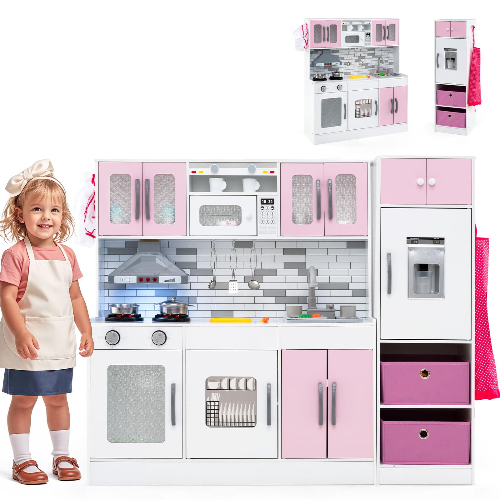 COSTWAY Cocina de Juguete Grande con Luces y Sonidos, Cocinita Infantil de Madera con Refrigerador y Microondas, Almacenamiento y Accesorios,Cocina de Juguete con Circulación de Agua (Rosa)
