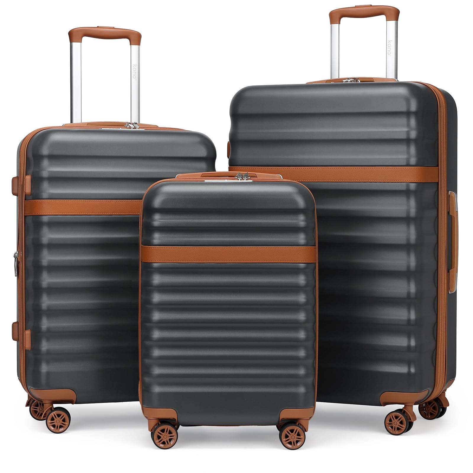 KONO Set di 3 Valigie Bagaglio a Mano, Media e Grande, Grigio/Marrone | Set Rigido ABS+PC, Leggero e Resistente agli Urti, Serratura TSA, Ruote 360°, Interni Organizzati, Media e Grande Espandibili