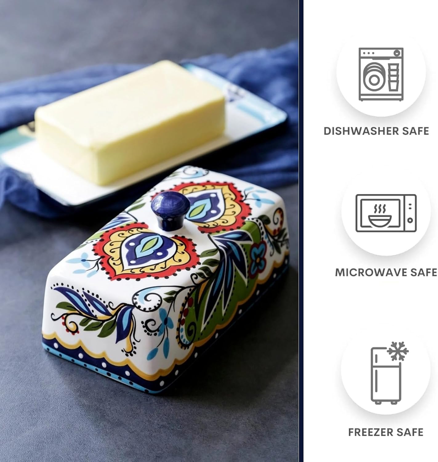 Ceramic Butter Dish with Lid Bohemia Hand Drawn Butter Plate Tray with Cover for Cheese Vintage Cheese Container Holder European-Style Butter Keeper for Home Kitchen 7.9 x 4.5 x 3.1 Inches (1)