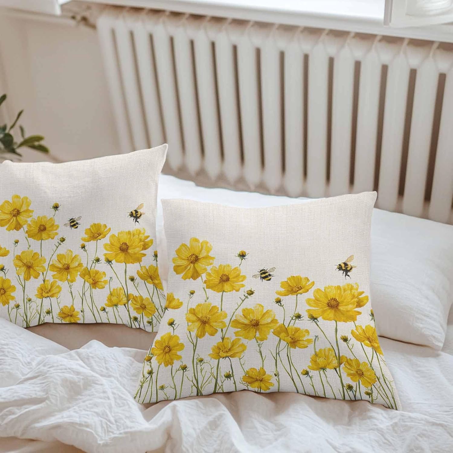 Pack of 2 Waterproof Outdoor Pillow Covers 24x24 Inch Decorative Pillow Covers Flower Throw Pillow Covers Watercolor Floral Bees on Burlap Texture Yellow Outdoor Cushion Covers for Couch, Patio, Tent