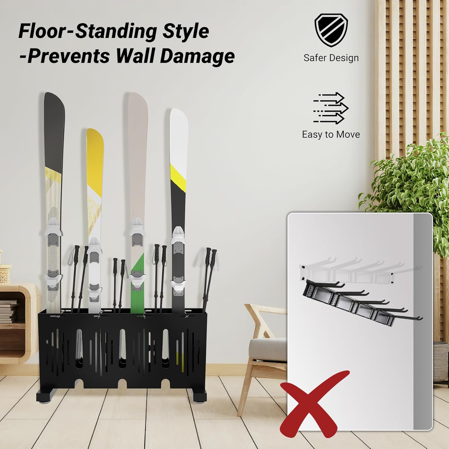 4-Pair Ski Storage Rack w/Width-Adjustable Fixing Bars, Heavy Duty Metal Freestanding Ski Rack - Ideal Organizer for Garage, Home and Store, 26" L ×10.2" W ×13.6" H