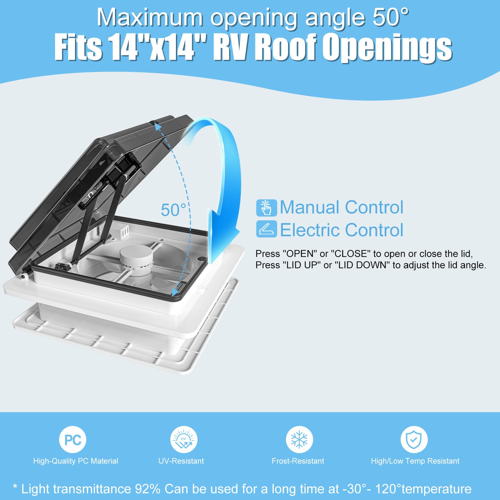 ZOIZ 12V Wohnmobil Dachventilator 360 mm, RV Dachlüfter mit schwarzem halbtransparentem Deckel, Fernbedienung, reversibel Abluft & Zuluft, extrem leise für Wohnwagen Camper, UV-beständig