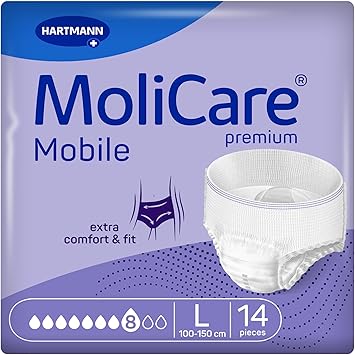 Molicare Mobile 8 Gotas Talla L, Ropa Interior Absorbente para Mujeres y Hombres con Incontinencia Severa, Protección Contra Fugas, Respetuosa la Piel, Mejor Ajuste Corporal, 14 uds