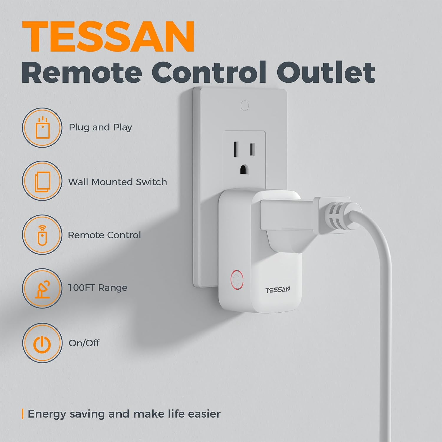 TESSAN Remote Control Outlet Wireless Wall Mounted Light Switch, Range 100FT Remote Control Outlet Plug, Wireless Light Switch for Indoor String Lights, Lamps, 1875W 3 7108qs W+mL. AC SL1500