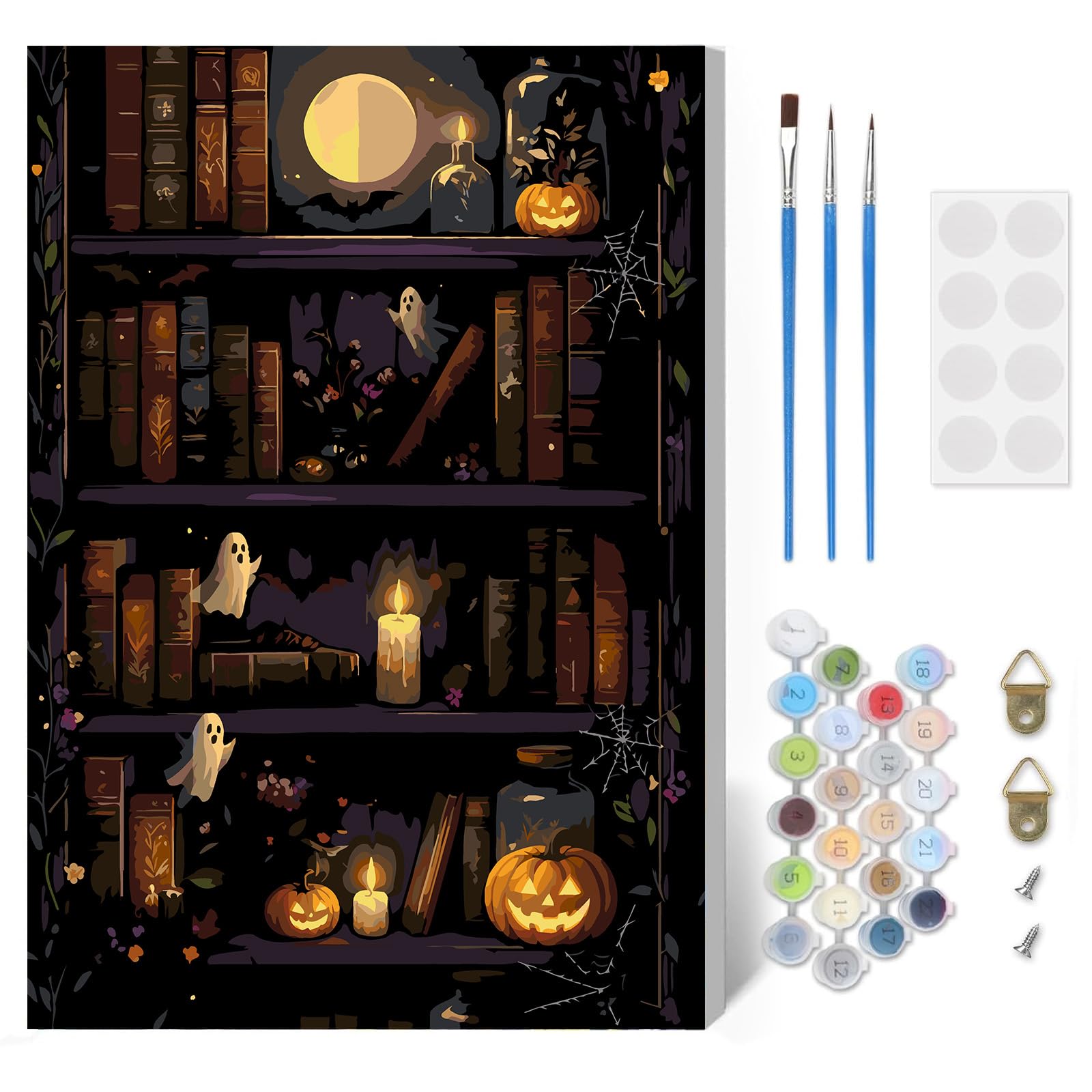 HEIBAGO Halloween Bookshelf Paint by Numbers Kits for Adults, Ghost Painting by Number Kits On Canvas for Beginner DIY Oil Painting Kits with Brushes Art Craft for Home Wall Decor (30x40 cm)