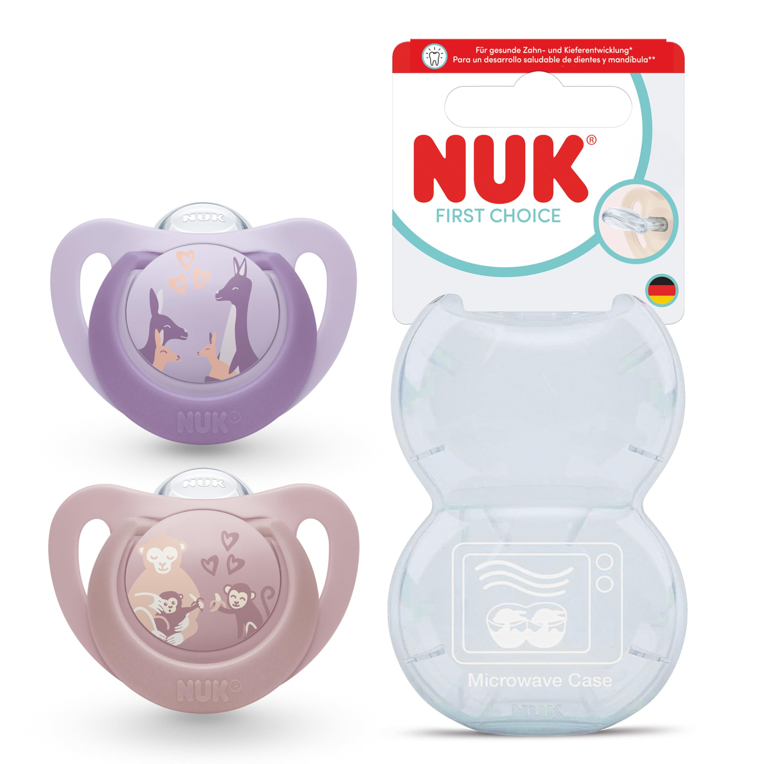 NUK First Choice Baby Dummies | 18-36 Months | Orthodontic Soothers | Soothes 99% of Babies** | Monkey & Kangaroo | 2 Count
