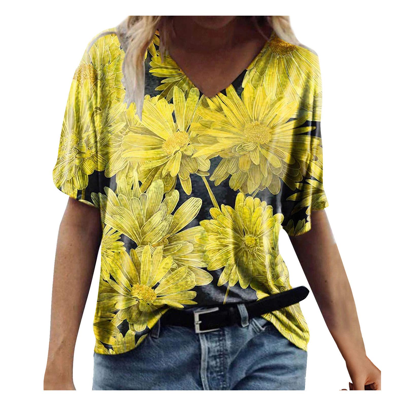 VEMOW Camiseta de Mujer Manga Corta Suelta con Cuello en V, Verano Viento De Playa Estampado Retro Informal A La Moda Basica Blusa Superior Jersey Camisetas Mujer Fiesta Tallas Grandes(C Amarillo,L)