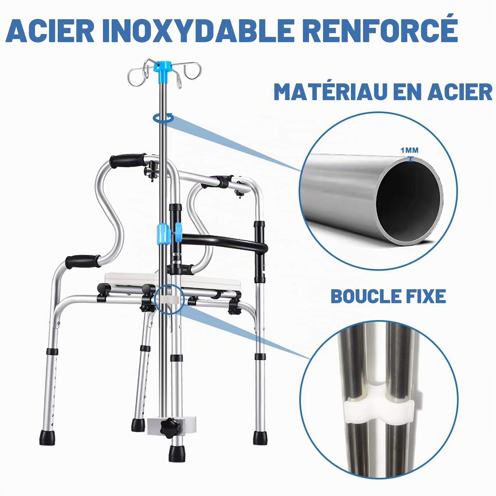 Perches à Perfusion pour Fauteuil Roulant, 4 Crochets Renforcés et Base en Métal Solide, Potences pour Intraveineuse Fauteuils Roulants Acier Inoxydable Renforcé, Hauteur Ajustable de 75-133 cm