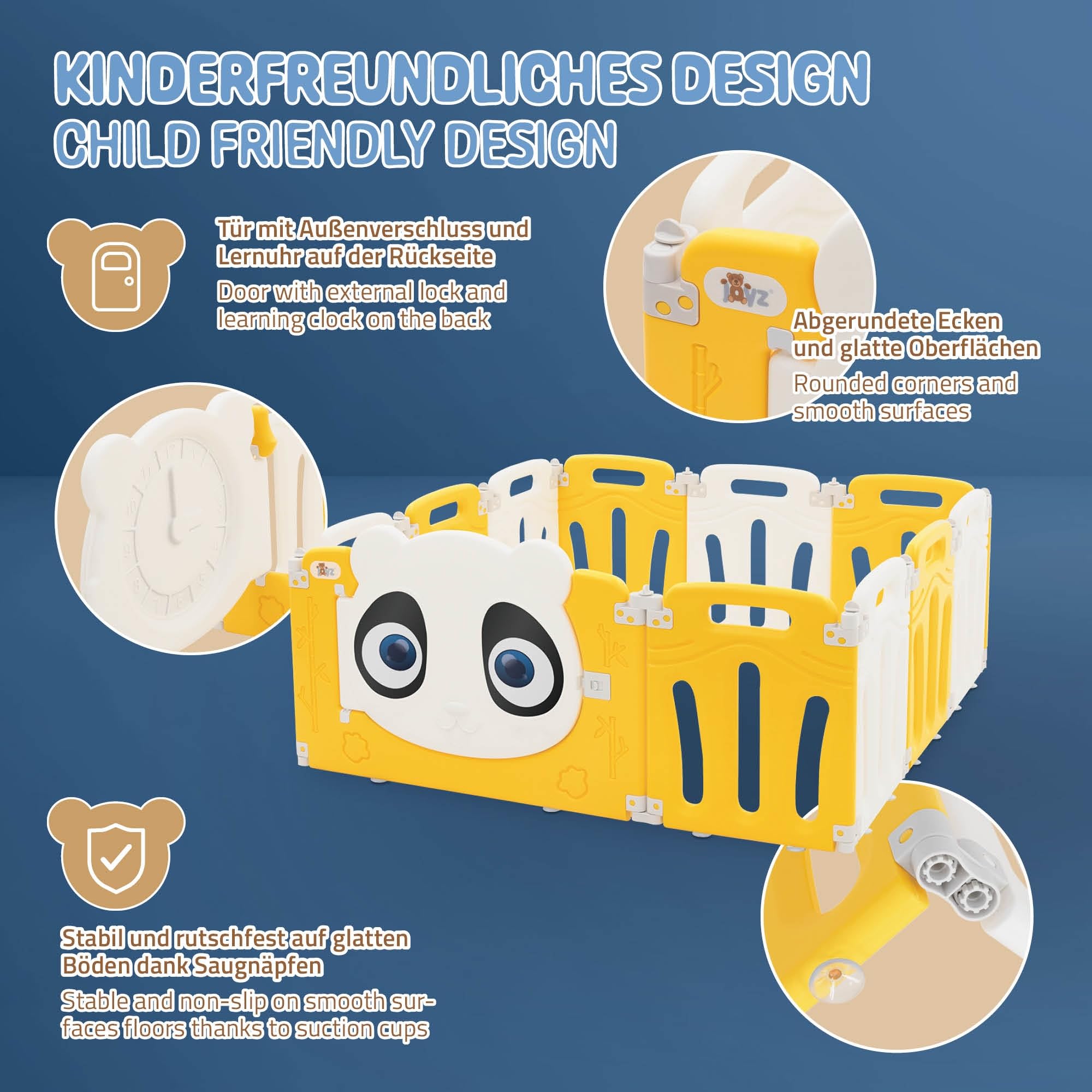 Joyz Box Bambini 120x120 cm Pieghevole Design Panda Bianco/Giallo Cancelletto con Porta e Orologio Didattico Recinto in Plastica per Interni/Esterni Cancelletto per l’Esplorazione dei Neonati