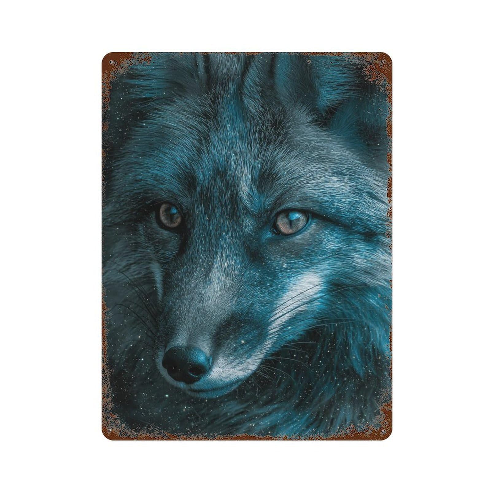 Rust Effect Wolf in Space Mystical Night Aged Metal Wall Plaque 15.7"x11.8", Classic Wall Plaque for Basement, Hobby Room And Garage Decor